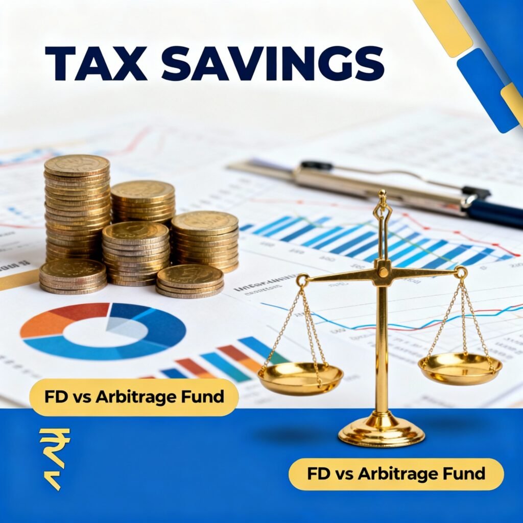 Infographic comparing Arbitrage Funds vs FD for tax efficiency with rupee symbols and charts